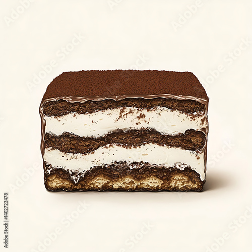 A thick slice of tiramisu cake with layers of espresso soaked sponge, mascarpone cream, and a dusting of cocoa powder
