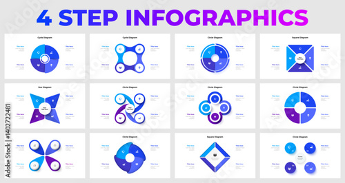 Set of twelve infographic templates featuring four step diagrams in various geometric shapes, ideal for presentations and visual communication in business, marketing, and educational settings