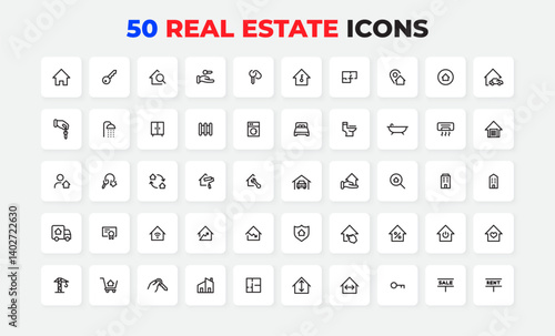 Set of 50 minimalist line art icons depicting various real estate concepts, property elements, and housing structures. Ideal for design projects, marketing materials, and real estate presentations