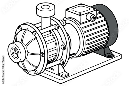 Detailed line drawing of an industrial water pump with motor and pipes, used for water circulation and fluid management in engineering