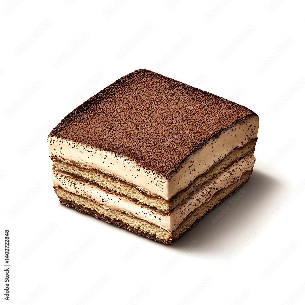 A thick slice of tiramisu with delicate espresso soaked ladyfingers, creamy mascarpone layers, and a dusting of cocoa powder A thick slice of tiramisu with delicate espresso soaked ladyfingers, creamy mascarpone layers, and a dusting of cocoa powder