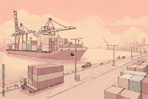 Shipyard operations with ship loading and unloading scenes, Cargo Ship Docked in Port Surrounded by Shipping Containers and Equipment in EPS and vector formats.