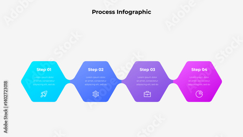 Gradient infographic showing a four step process with colorful hexagonal shapes and icons, conceptually representing stages or plans in a clear and modern design