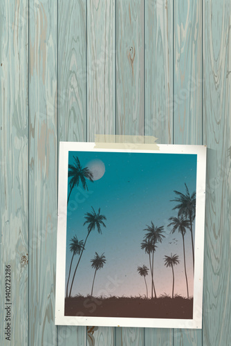 Old photo of silhouette coconut palm treeswith sunset sky stick on wooden turquoise blue colors distressed weathered vertical background graphic illustration have blank space.
