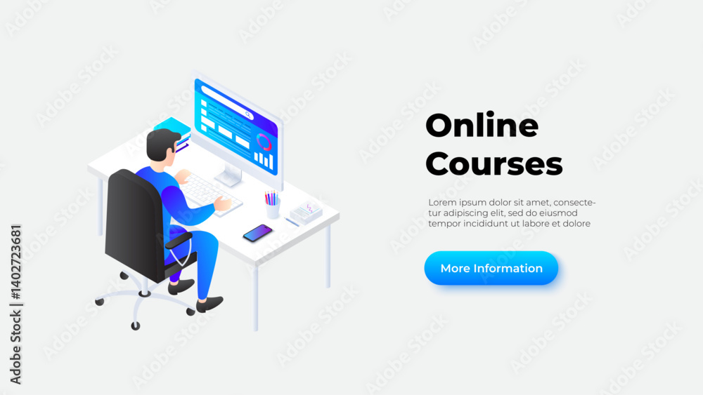 Modern isometric illustration showing a person studying online at a computer desk, promoting e-learning and digital education Modern isometric illustration showing a person studying online at a computer desk, promoting e-learning and digital education