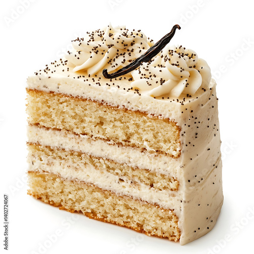 A thick slice of vanilla bean cake with a rich buttercream frosting, soft crumb, and a dusting of vanilla bean seeds