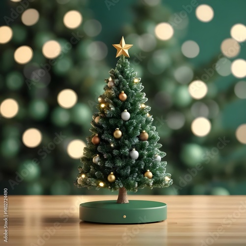 Miniature Christmas Tree with Lights and Ornaments on Wooden Surface
