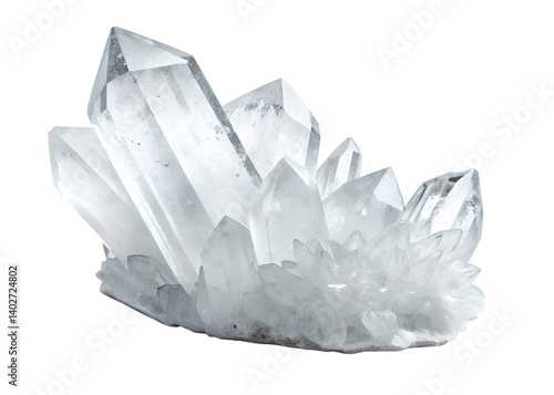 Natural clear quartz crystal formation with reflective surfaces and sharp edges, transparent background