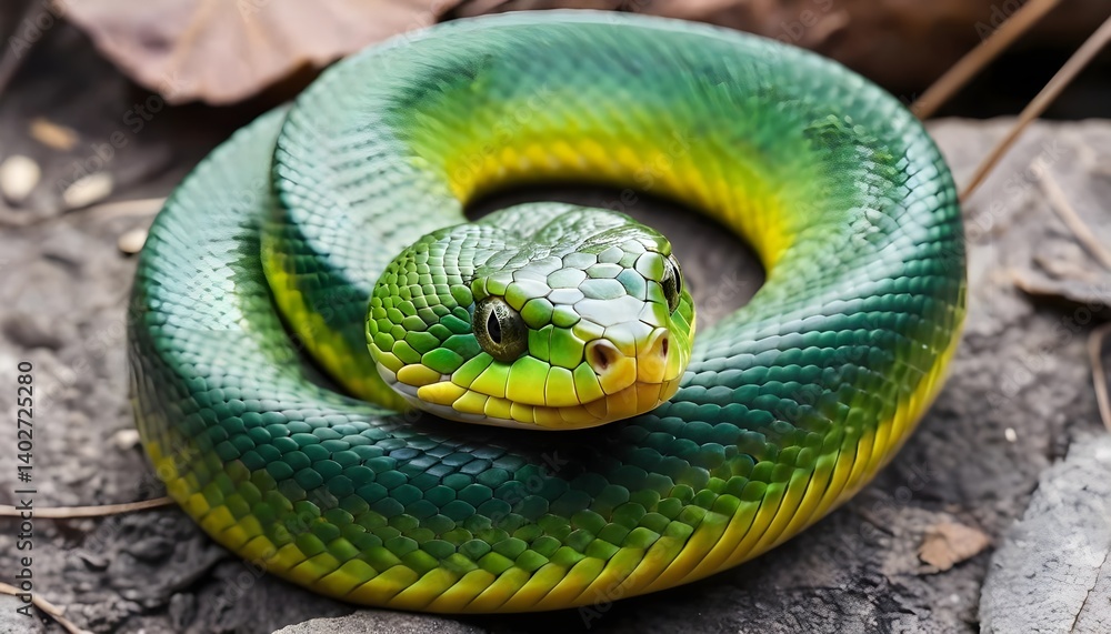 Fototapeta premium Green Snake Coiled on Rocks
