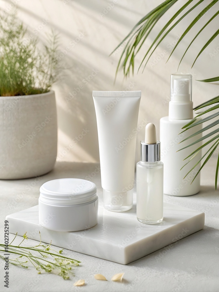 Serene Sanctuary: Minimalist Skincare Set Mockup with Natural Elements - Cosmetic Products Mockups and Backgrounds Serene Sanctuary: Minimalist Skincare Set Mockup with Natural Elements - Cosmetic Products Mockups and Backgrounds