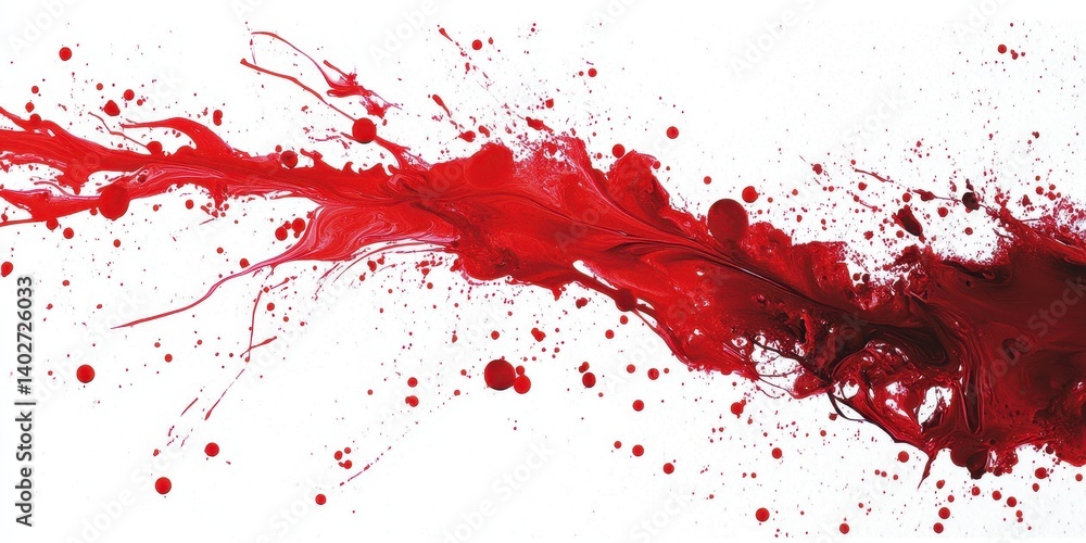 Red colored paint splatters dramatically across a white background surface Red colored paint splatters dramatically across a white background surface