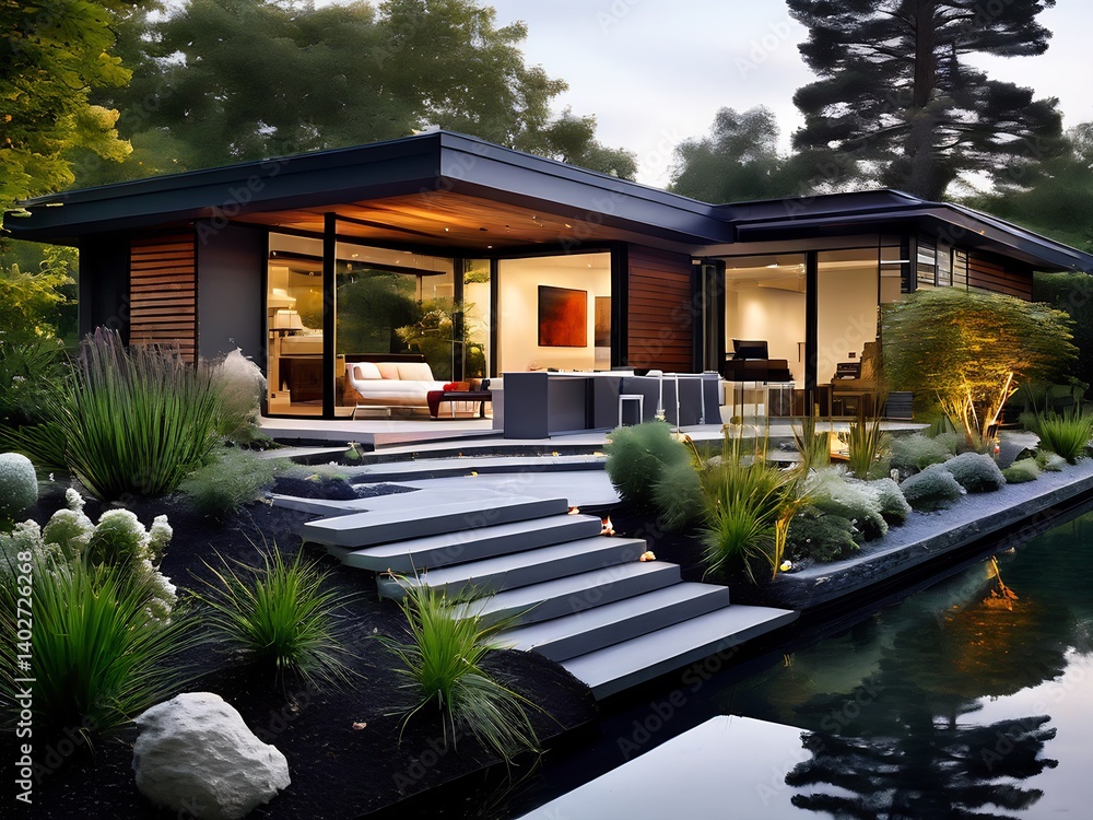 Fototapeta premium Modern Home with Water Feature and Patio