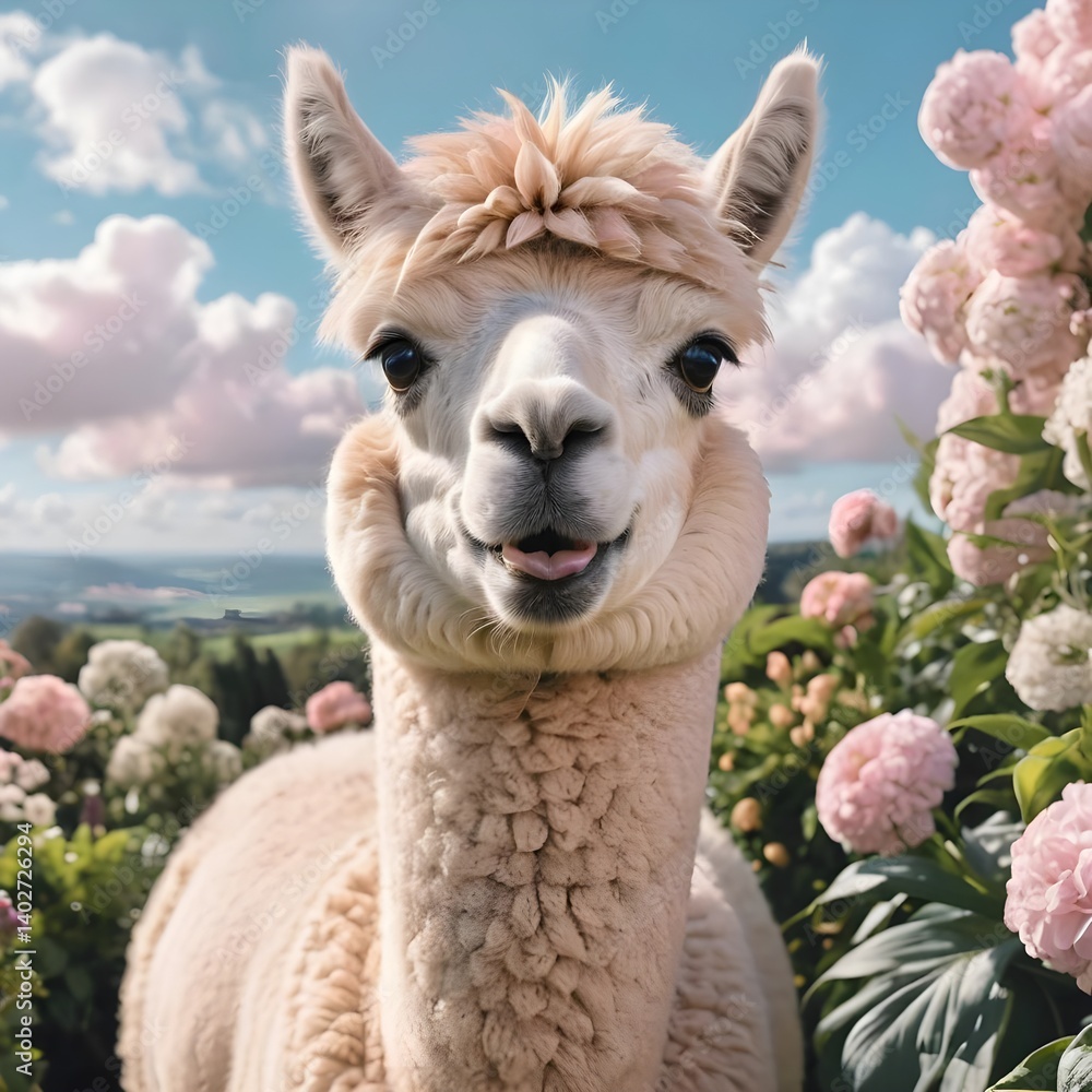 Obraz premium Happy Alpaca in Flower Garden