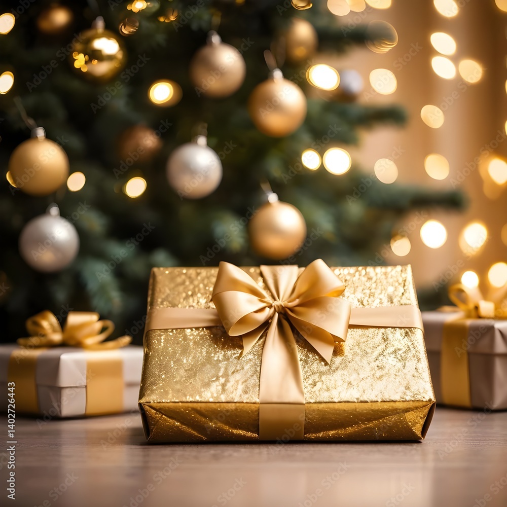 Gold Gift Box Under Christmas Tree Gold Gift Box Under Christmas Tree