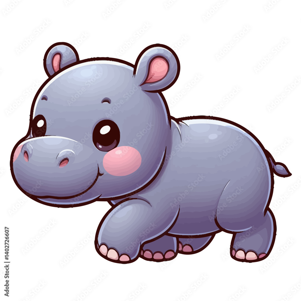 Naklejka premium Charming cartoon illustration of a cute baby hippopotamus with big, adorable eyes, a round body, and a gentle smile, taking a step. Represents adorable animals, African wildlife, and children's themes