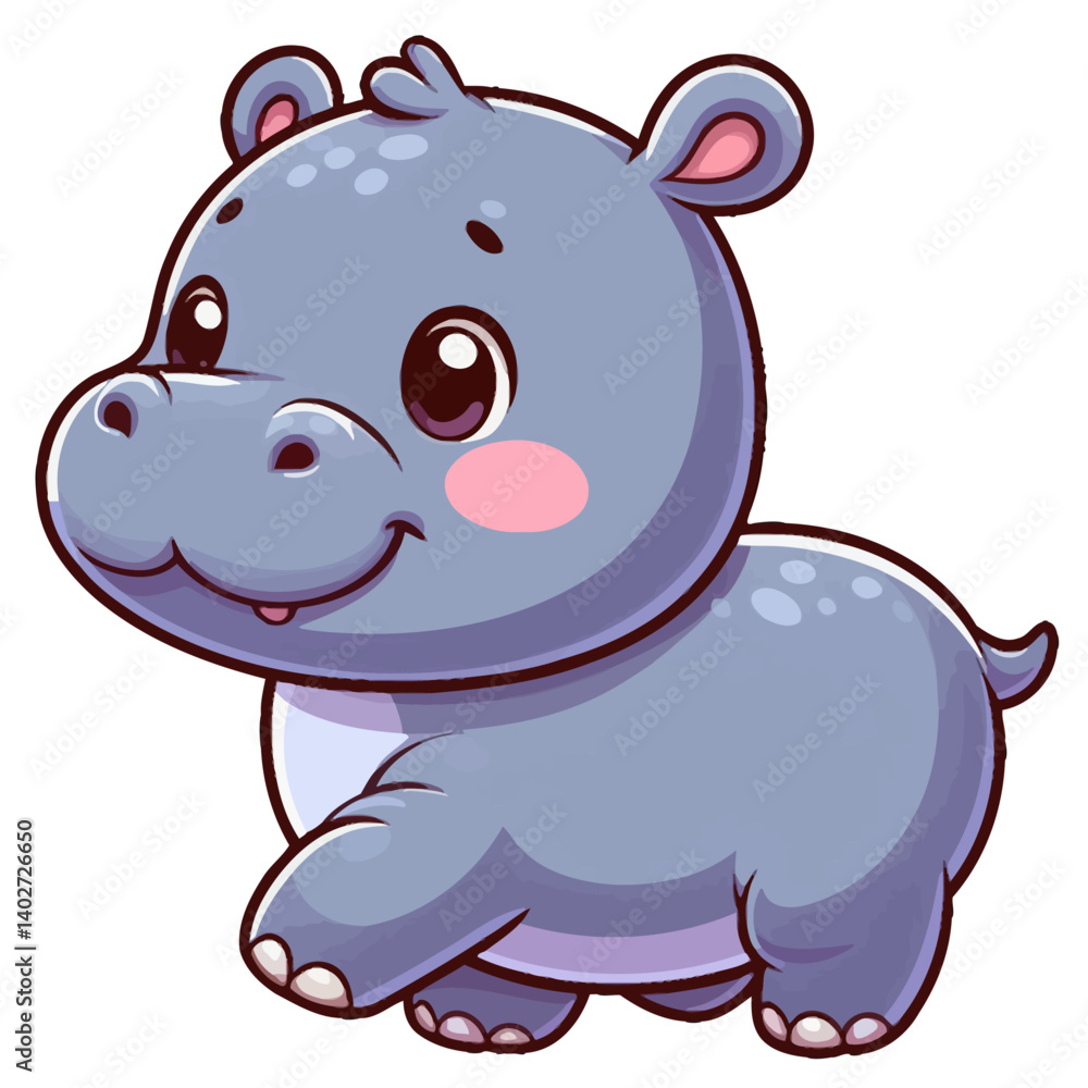 Obraz premium Charming cartoon illustration of a cute baby hippopotamus with big, adorable eyes, a round body, and a gentle smile, taking a step. Represents adorable animals, African wildlife, and children's themes