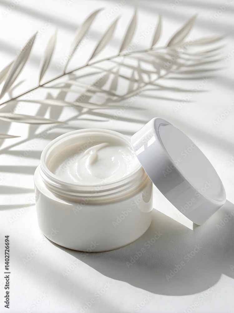Tropical Tranquility: Minimalist Cream Jar Mockup with Lush Palm Leaf Accents - Cosmetic Products Mockups and Backgrounds Tropical Tranquility: Minimalist Cream Jar Mockup with Lush Palm Leaf Accents - Cosmetic Products Mockups and Backgrounds