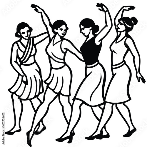 Black silhouette vector illustration of dancing girls in fashionable dresses