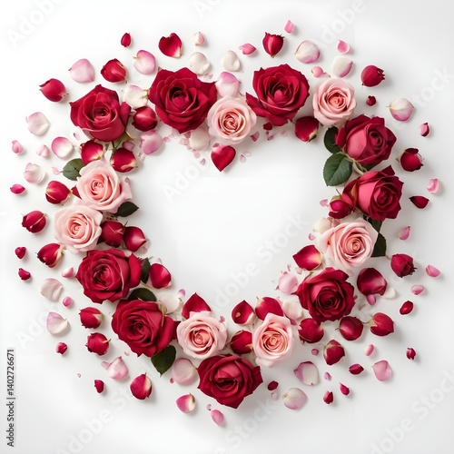 Heart Shaped Frame of Pink and Red Roses and Petals