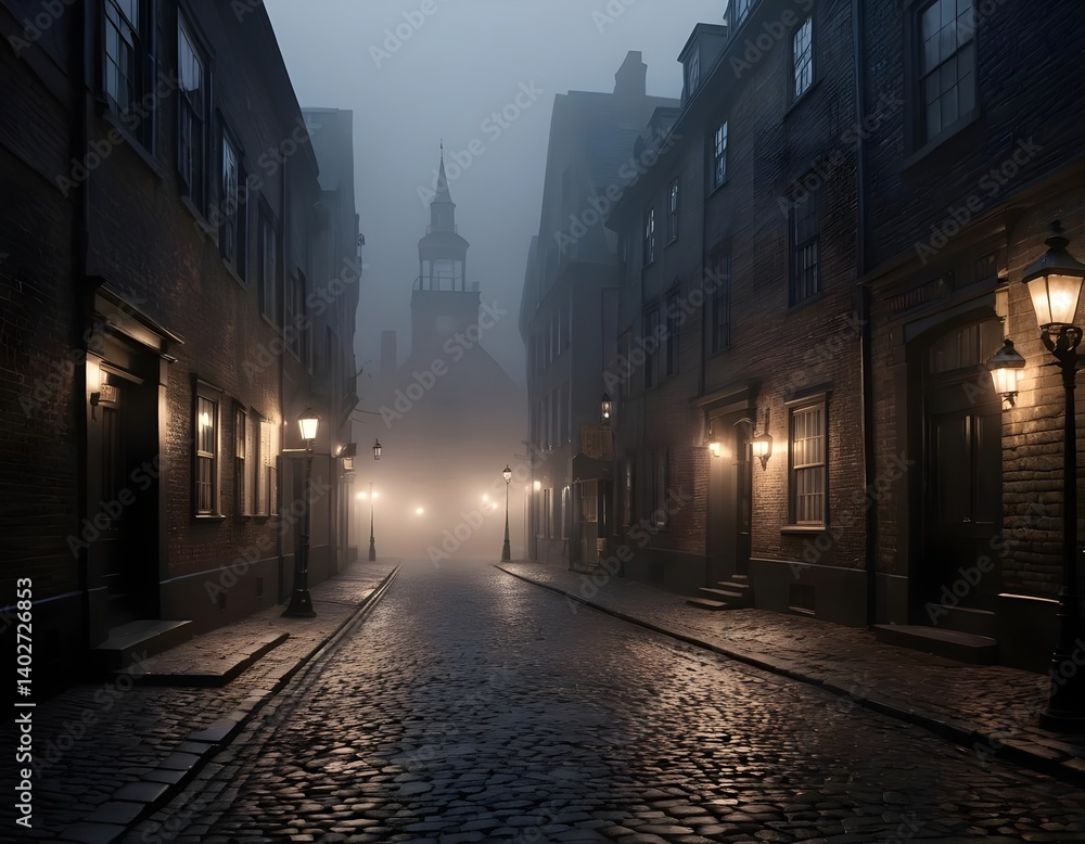Fototapeta premium Misty Cobblestone Street at Night