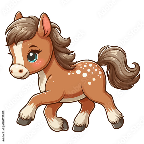 Charming cartoon illustration of a cute pony with big, adorable blue eyes, a flowing brown and pink mane and tail, and a gentle expression, taking a step. Represents adorable animals, fantasy creature