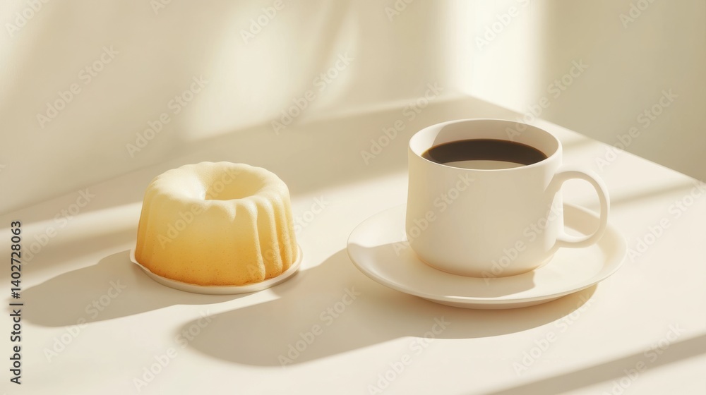 Cozy Morning Scene with Coffee Cup and Soft Dessert on a Bright Table Cozy Morning Scene with Coffee Cup and Soft Dessert on a Bright Table