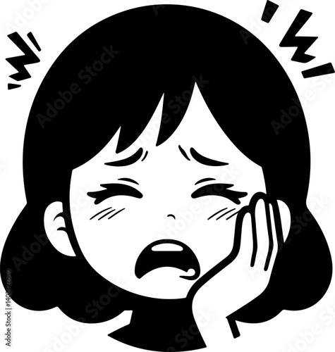 vector sketch illustration silhouette design of a little boy in pain because of a toothache while holding his cheek