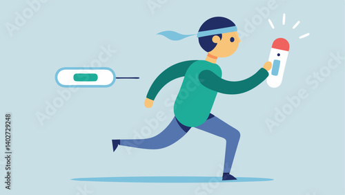 Temperature Monitor A person running an errand while wearing a forehead thermometer that displays body temperature readings on a digital screen with thermometer graphics