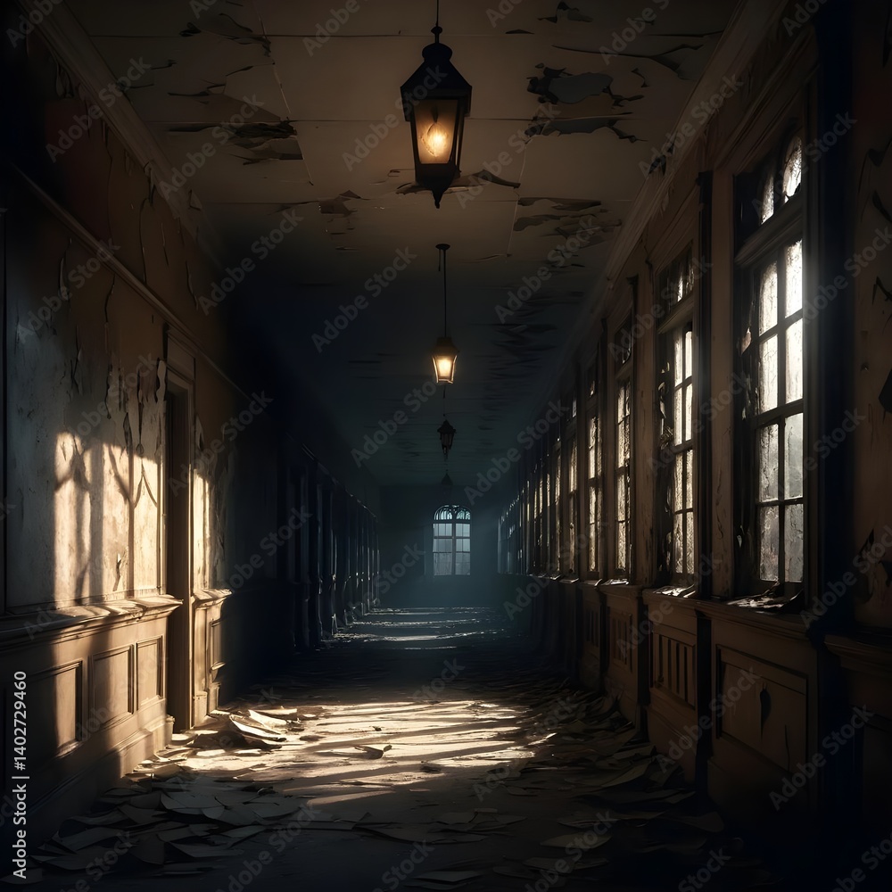 Fototapeta premium Abandoned Hallway in Decaying Building