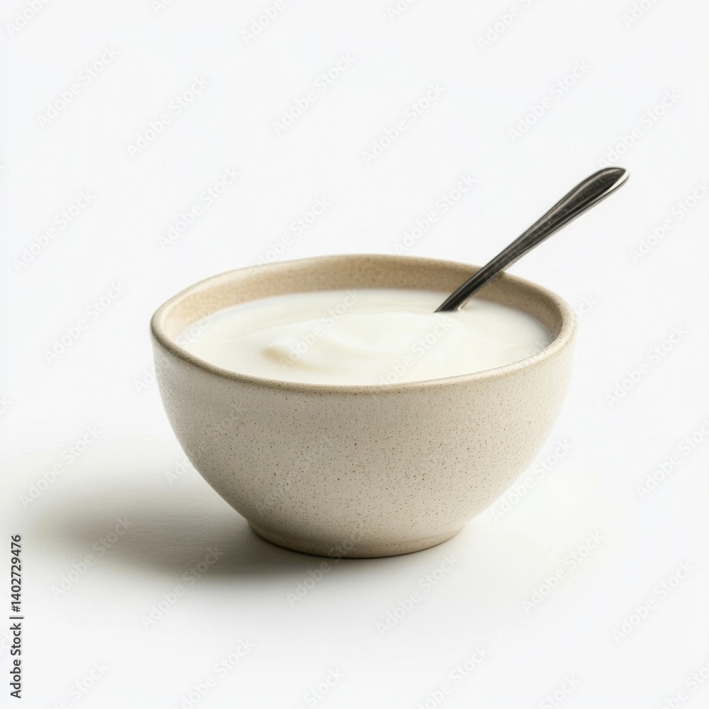 A creamy bowl of yogurt with a smooth, thick texture and a slight sheen on top, isolated white background