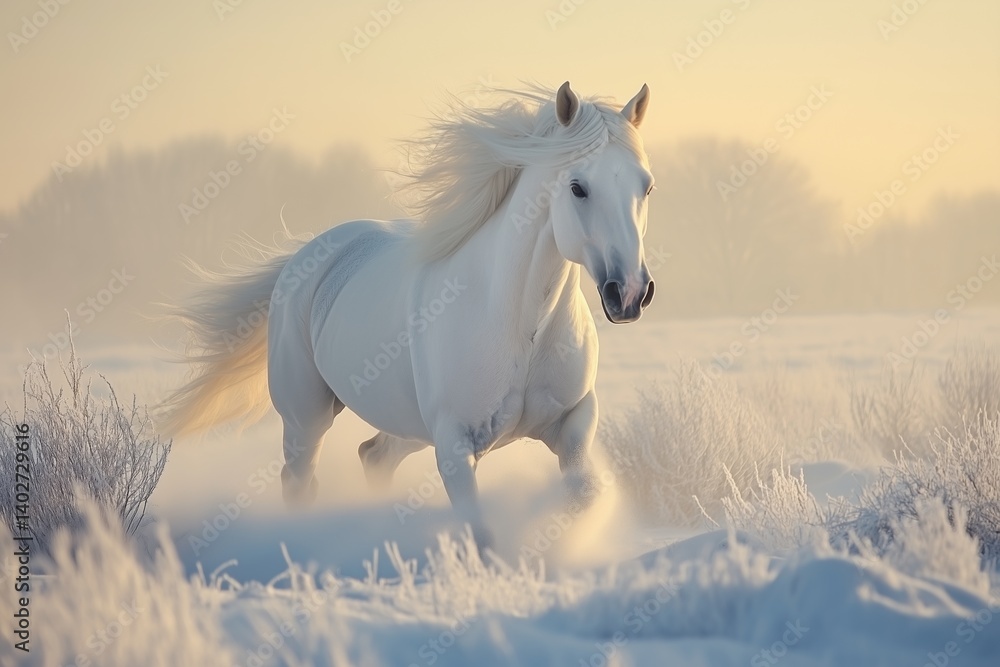 Fototapeta premium white horse mane galloping winter
