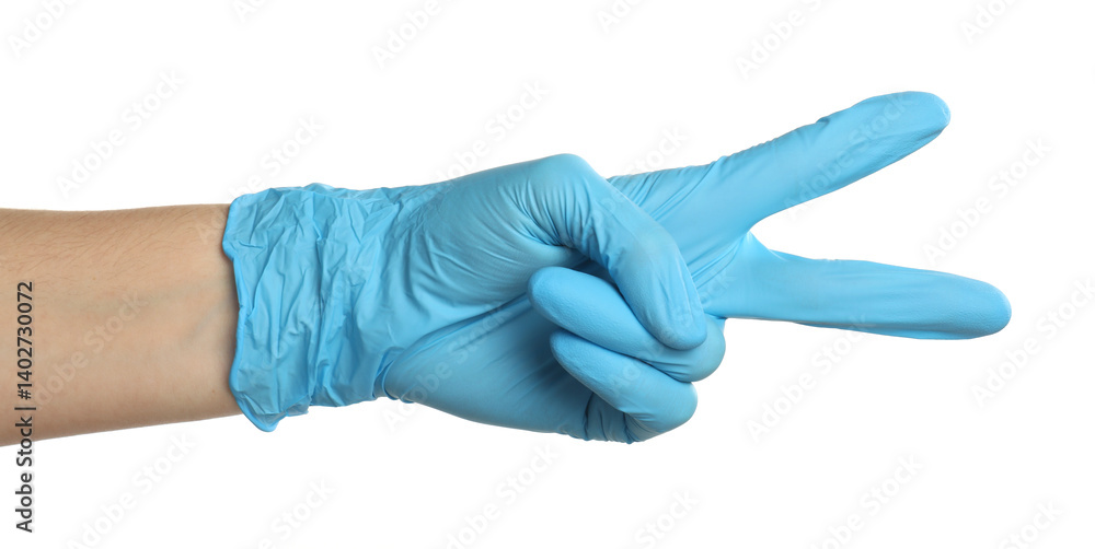 Doctor in medical glove showing two fingers on white background, closeup Doctor in medical glove showing two fingers on white background, closeup