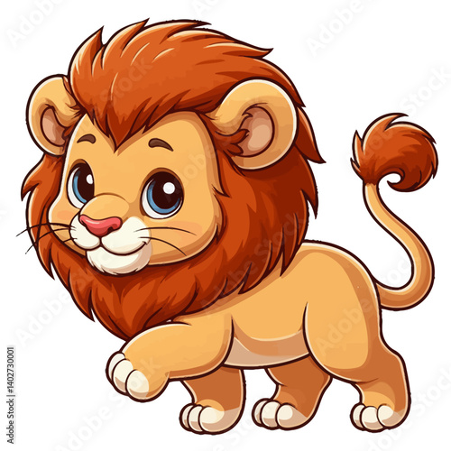 Charming cartoon illustration of a cute lion cub with big, adorable eyes, a fluffy mane, and a playful expression, taking a step. Represents adorable animals, African wildlife, and children's themes.