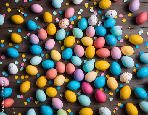 Colorful Easter Eggs on Wooden Background