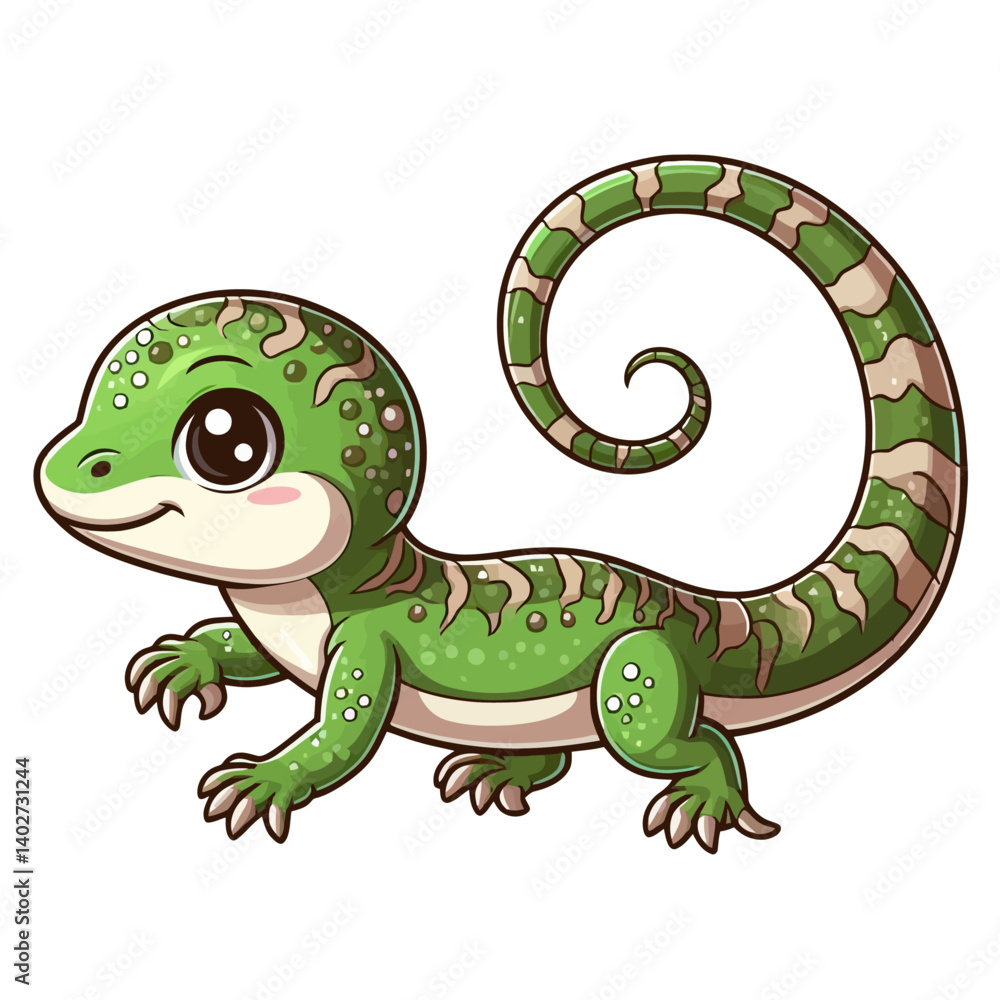 Fototapeta premium Charming cartoon illustration of a cute gecko with big, adorable eyes, brown markings, and a friendly smile, crawling. Represents adorable animals, reptile wildlife, and children's themes.