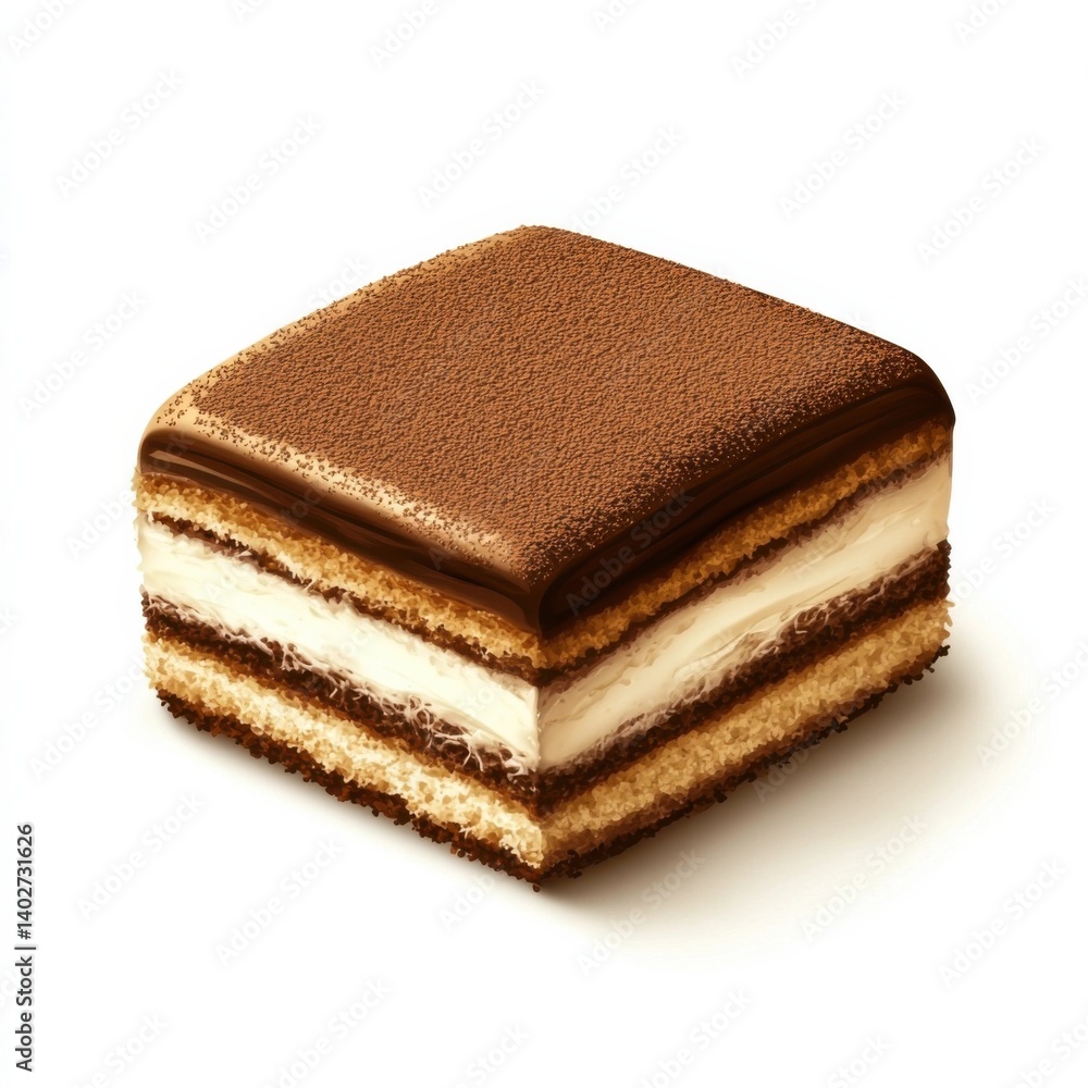 A creamy smooth slice of tiramisu with layers of coffee soaked ladyfingers and rich mascarpone, isolated white background, hyperrealism art style A creamy smooth slice of tiramisu with layers of coffee soaked ladyfingers and rich mascarpone, isolated white background, hyperrealism art style