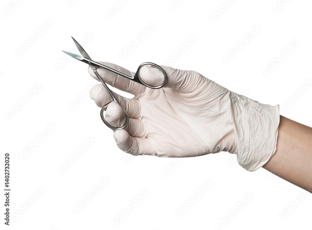 Doctor in medical glove holding scissors on white background, closeup
