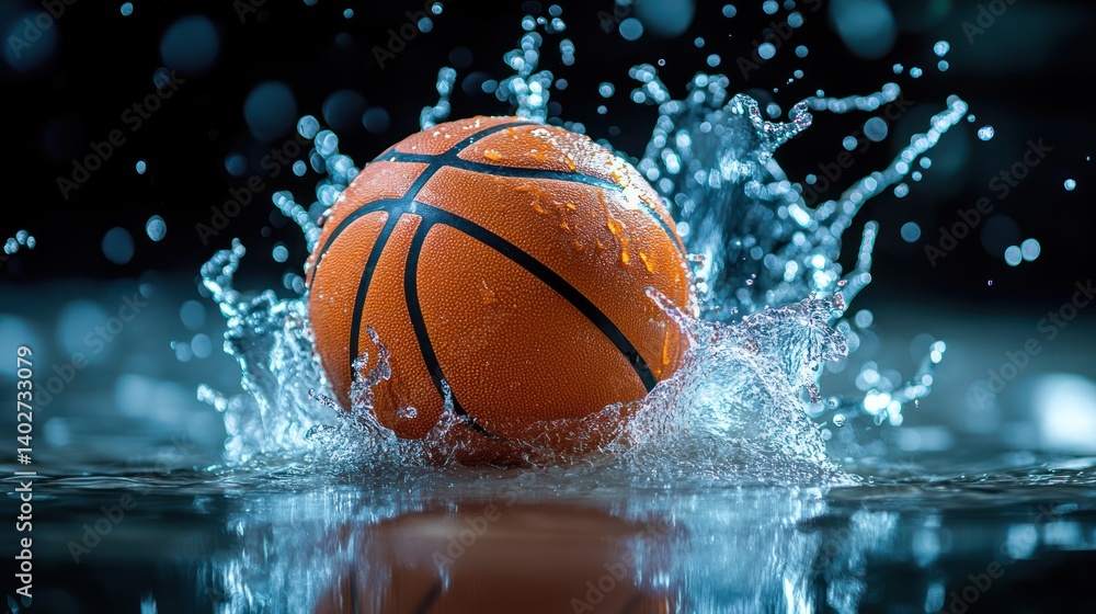 Wet basketball splashing in dark studio Wet basketball splashing in dark studio