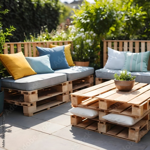 Relaxing Pallet Furniture in a Sunny Garden