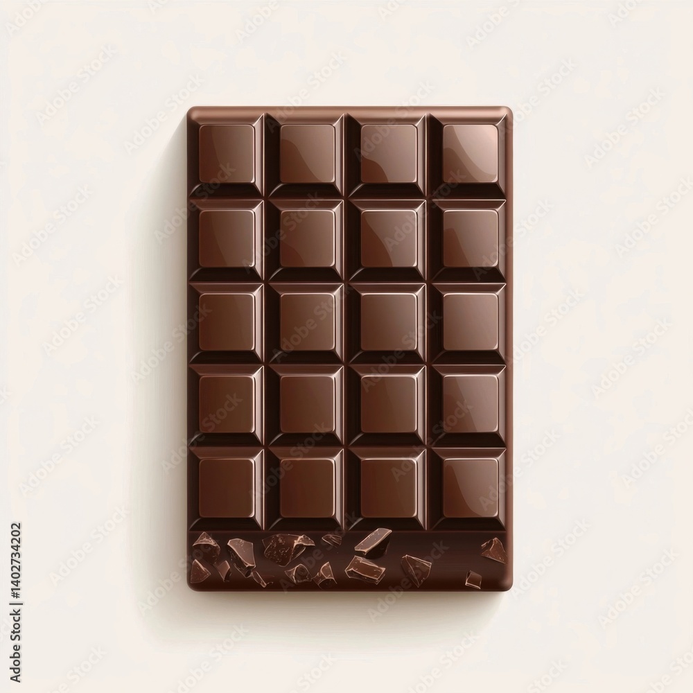 Fototapeta premium A dark rich chocolate bar with shiny, smooth surface and small square segments, isolated white background