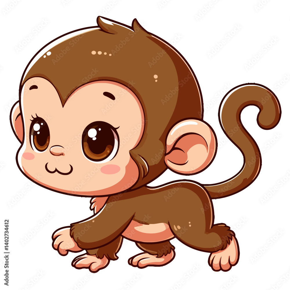 Obraz premium A playful and adorable vector illustration of a cute little monkey, featuring expressive eyes, a cheerful smile, and a fun pose. Perfect for children's designs, educational materials, stickers