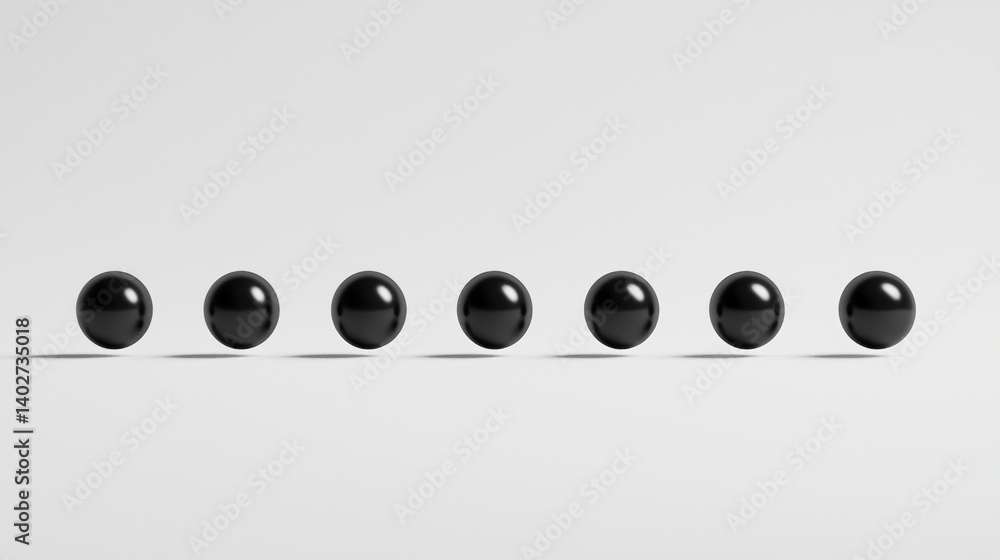 A row of eight black spheres. A row of eight black spheres.