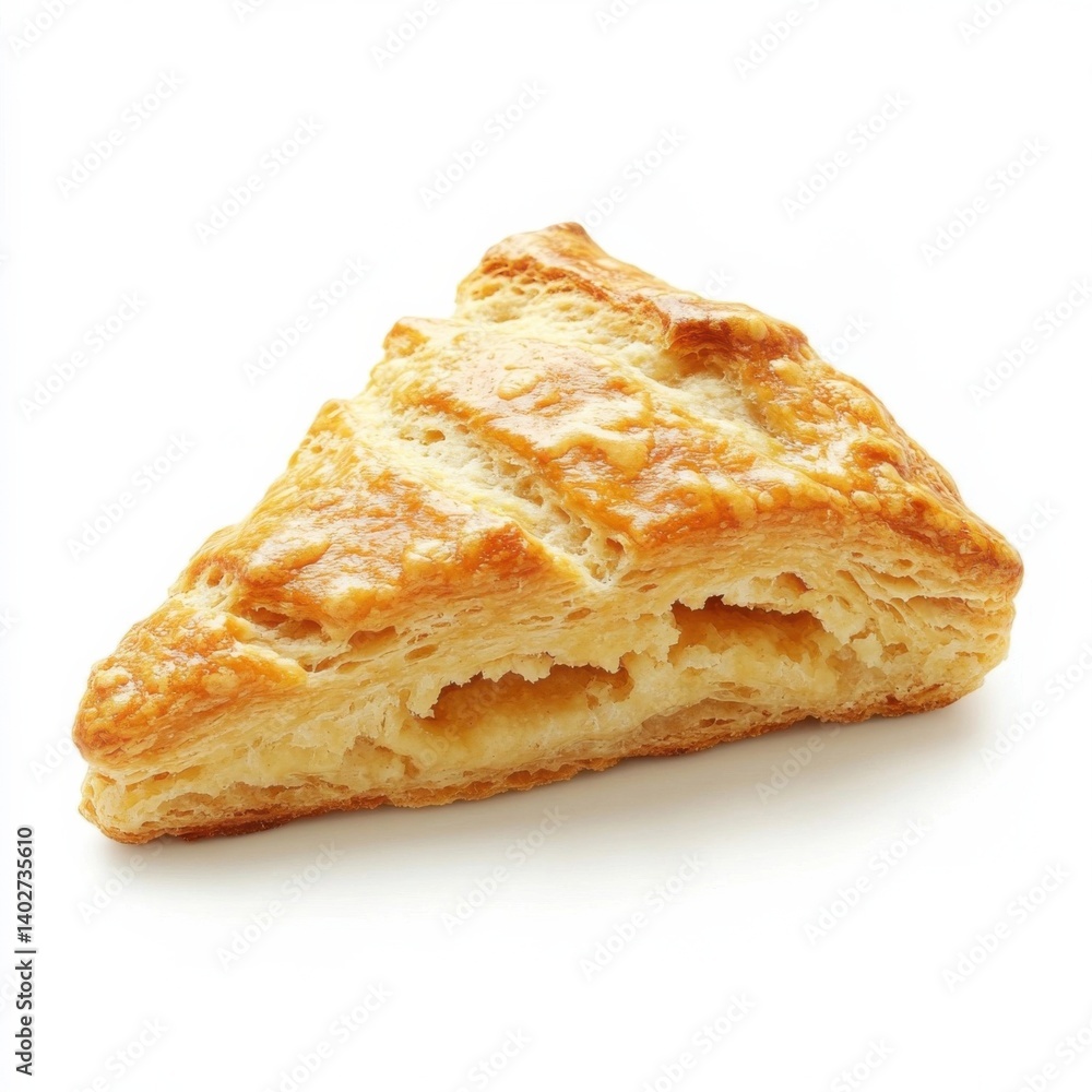 A delicate flaky scone with a soft, crumbly interior and golden crust, isolated white background A delicate flaky scone with a soft, crumbly interior and golden crust, isolated white background