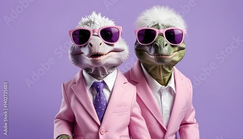 Stylish Dinosaurs in Pink Suits