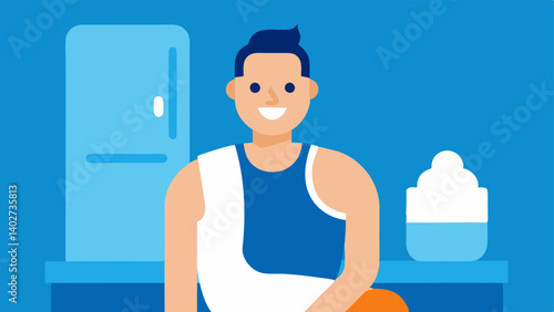 PostWorkout Refresh An athlete with a towel draped around their shoulders smiling and holding a reusable ice pack around their leg while sitting in a cryotherapy lounge.