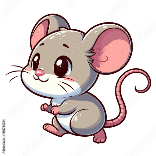 Charming cartoon illustration of a cute gray mouse with big, adorable eyes, large ears, and a sweet expression, sitting. Represents adorable animals, rodents, and children's themes.