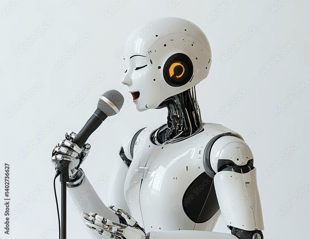 Naklejka premium humanoid robot with an AI musical passion, holding and singing into a microphone 