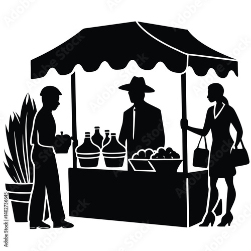 Farmers Market Silhouette Vector: People Shopping at Outdoor Produce Stand with Fruit, Vegetables, and Plants Illustration