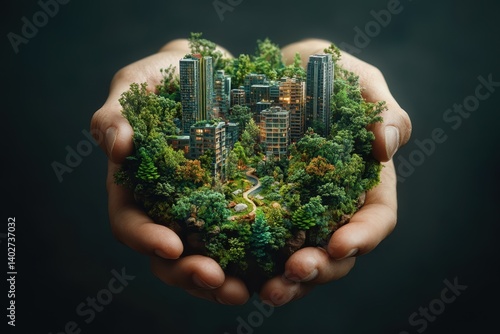 A creative representation of a sustainable city within hands, symbolizing harmony with nature