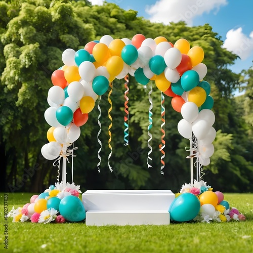 Festive Balloon Arch with White Steps in a Park